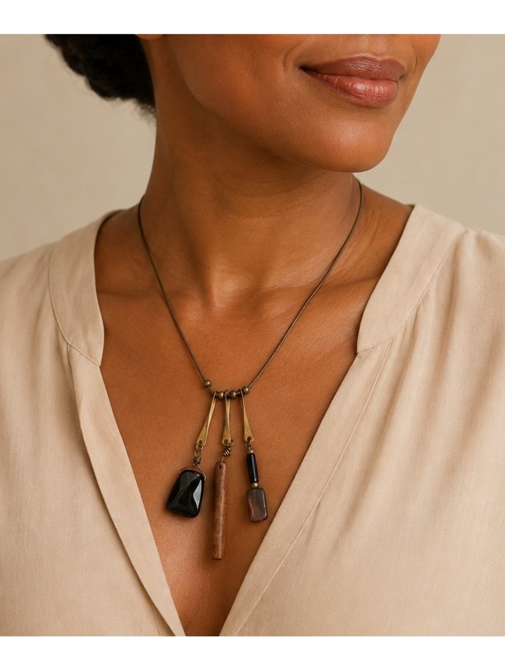 Baer SF Mixed Media Necklace, Black Stone Wood Pendant
